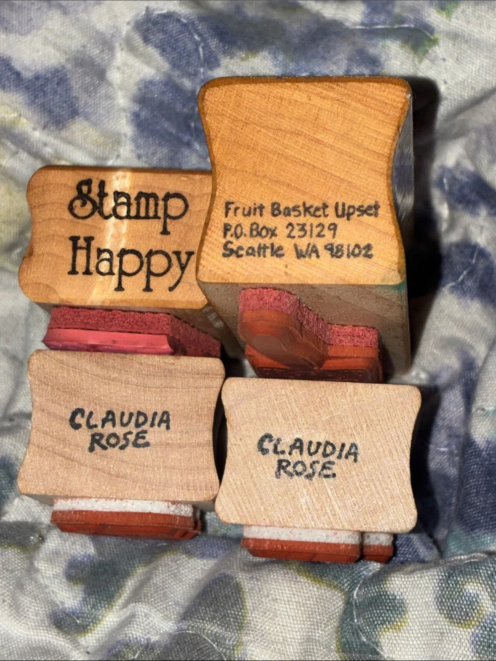 Wood Block Cat Stamps set of 4 - Claudia Rose, Stamp Happy, Fruit Basket Upset